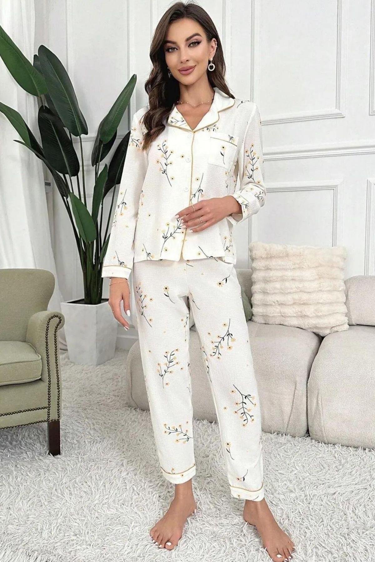 Bella Notte Beyaz Çiçek Baskılı Cep Detaylı Düğmeli Uzun Pijama Takımı 7037
