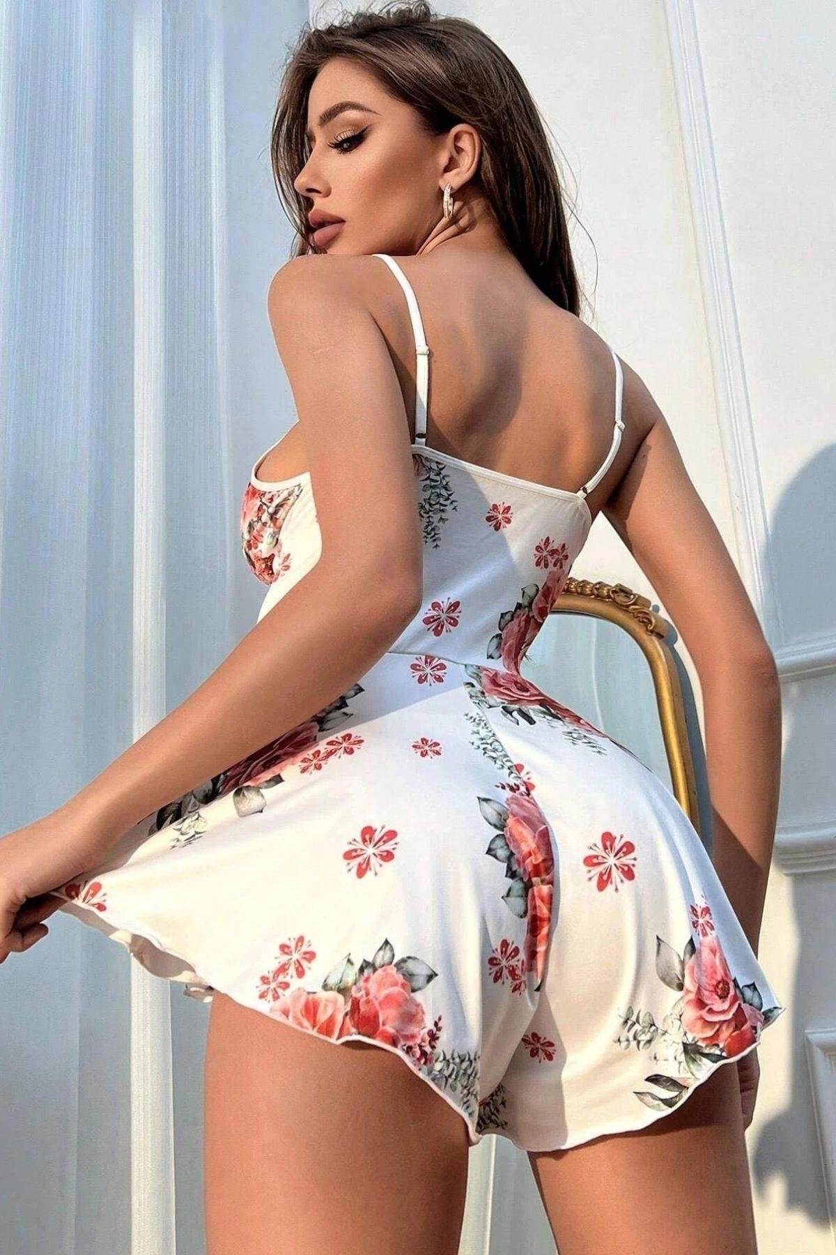 Bella Notte Beyaz Çiçek Desenli Tulum 15099
