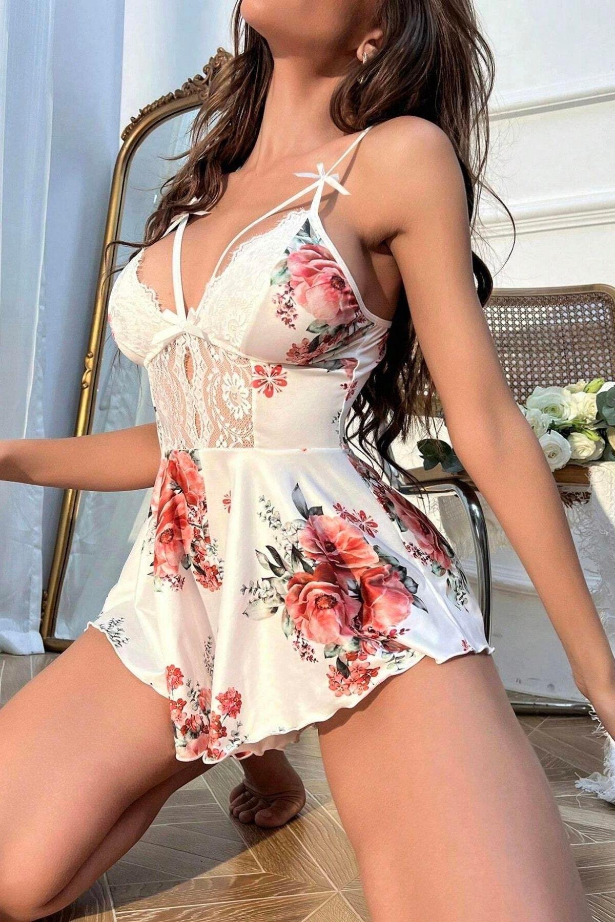 Bella Notte Beyaz Çiçek Desenli Tulum 15099