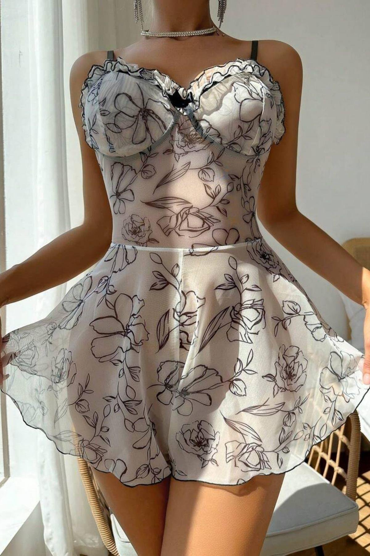 Bella Notte Beyaz Desenli Tulum Gecelik 15702