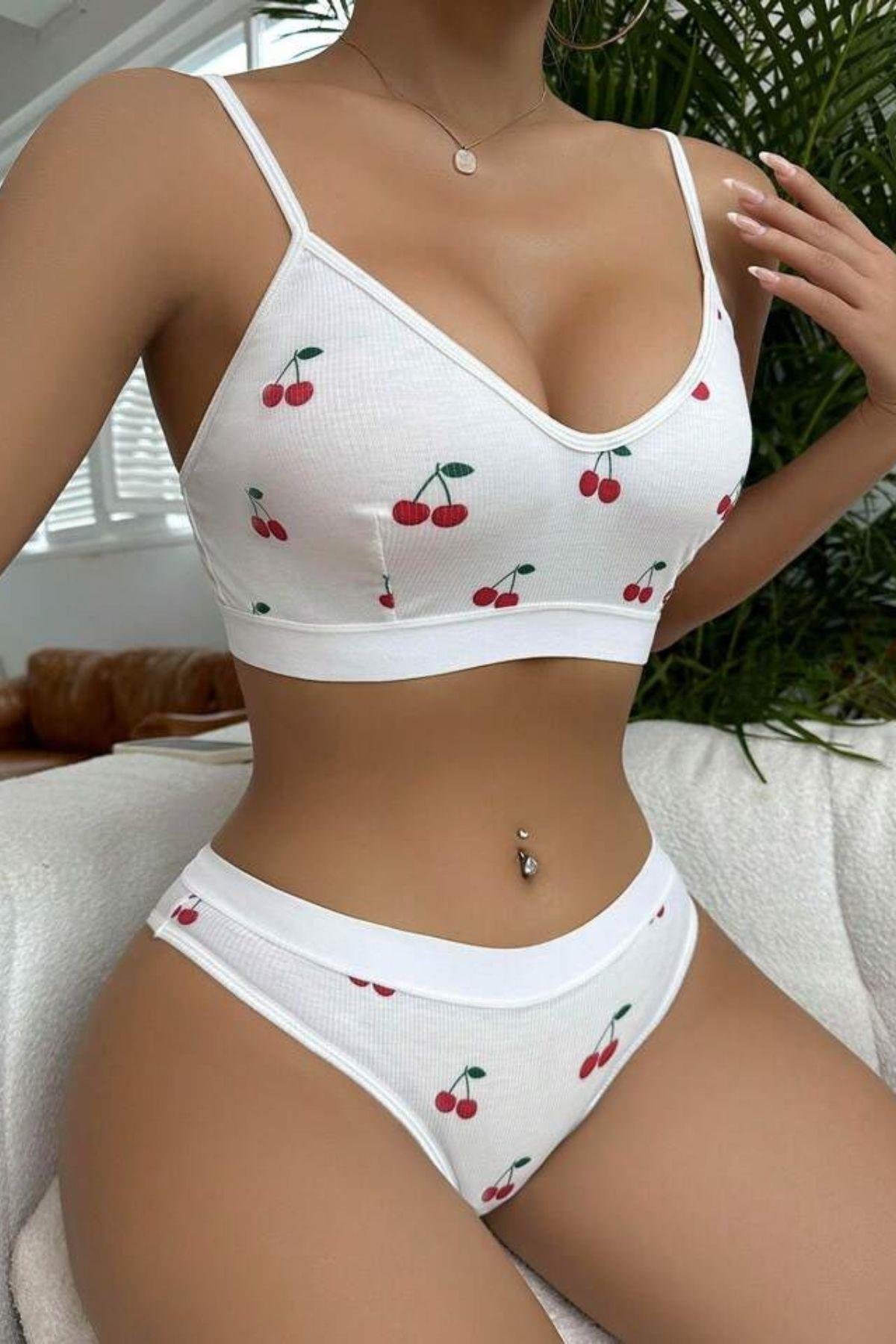 Bella Notte Beyaz Kiraz Desenli İç Çamaşır Takımı 16080