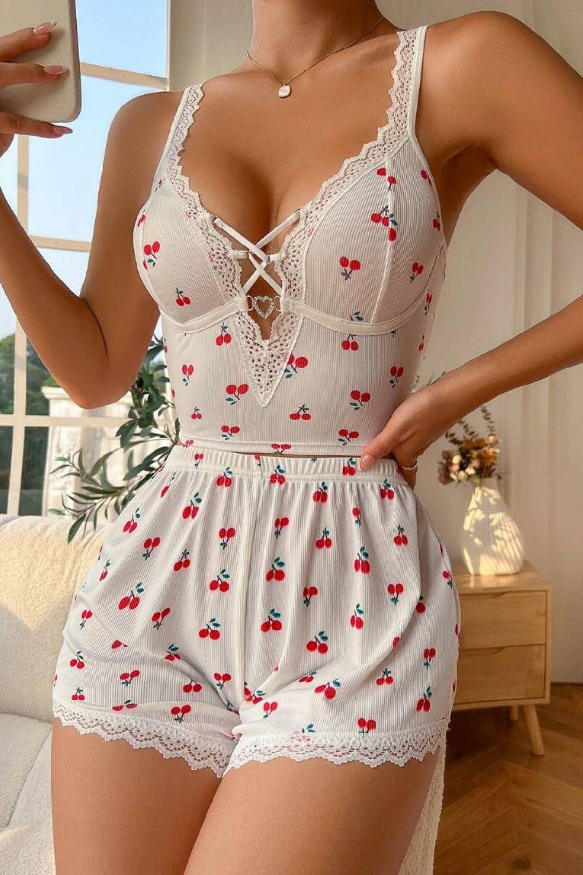 Bella Notte Beyaz Kiraz Rüyası Şort Takım 7539