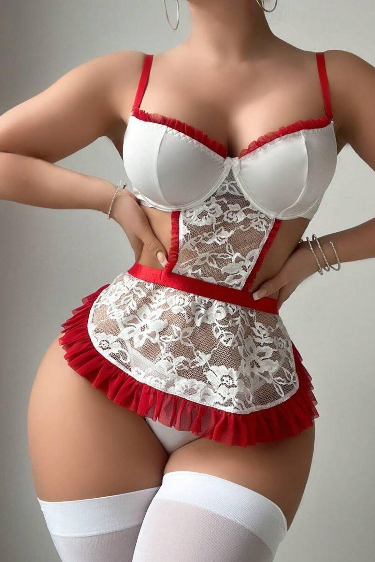 Bella Notte Beyaz-Kırmızı Dantelli Kostüm 17039