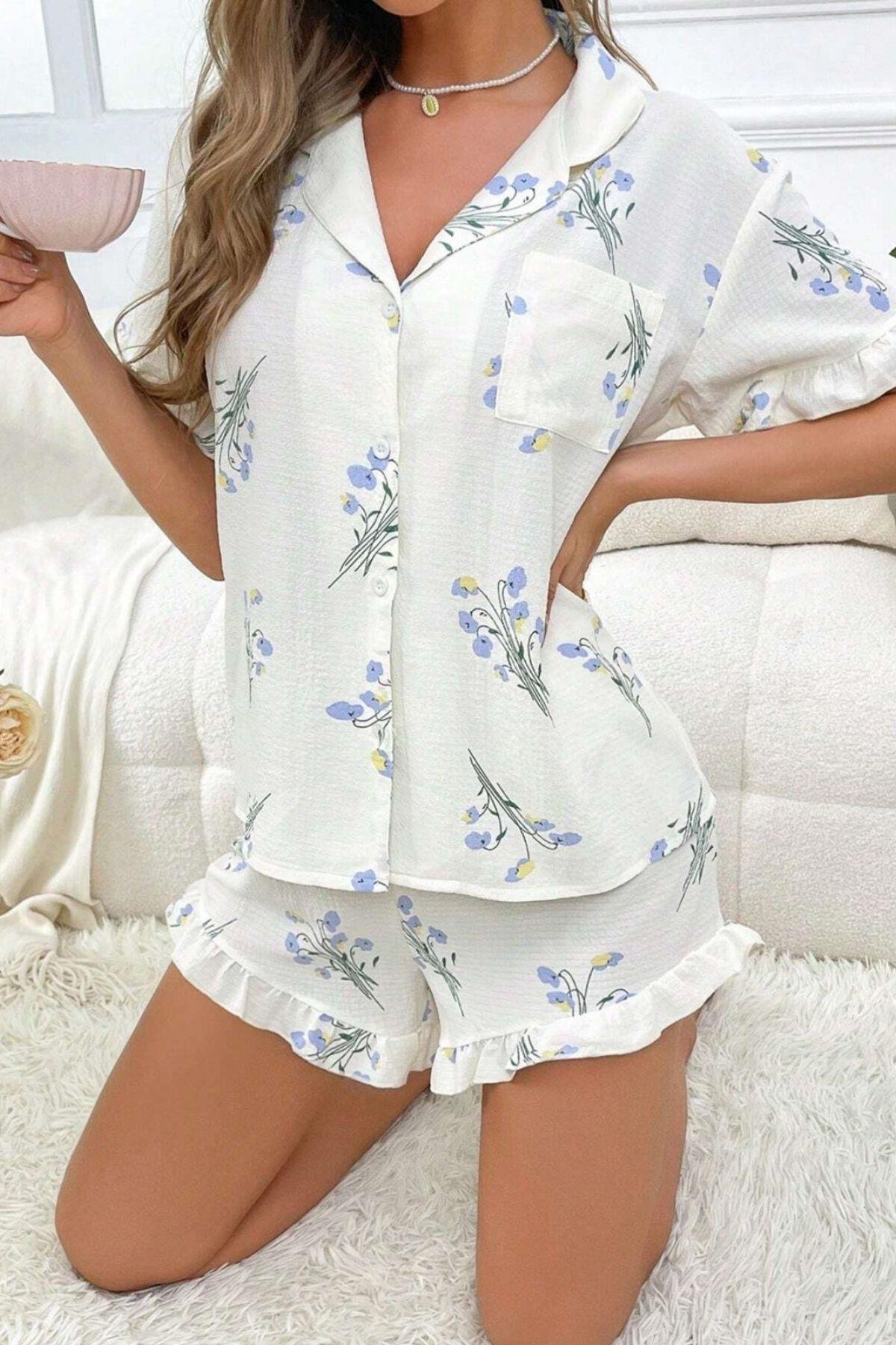 Bella Notte Beyaz Mavi Menekşe Desenli Şortlu Takım 7558