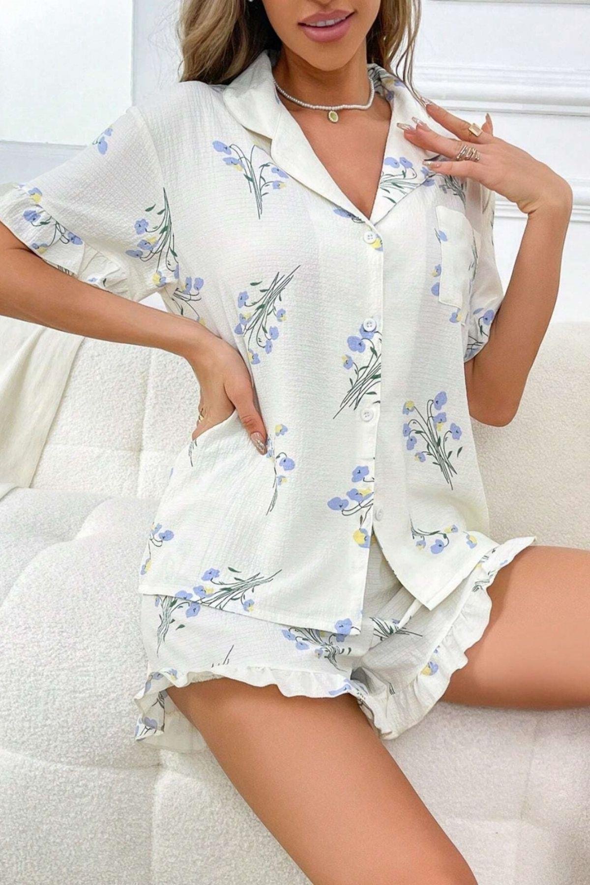 Bella Notte Beyaz Mavi Menekşe Desenli Şortlu Takım 7558