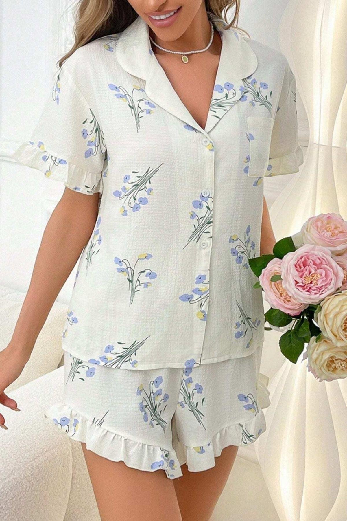 Bella Notte Beyaz Mavi Menekşe Desenli Şortlu Takım 7558