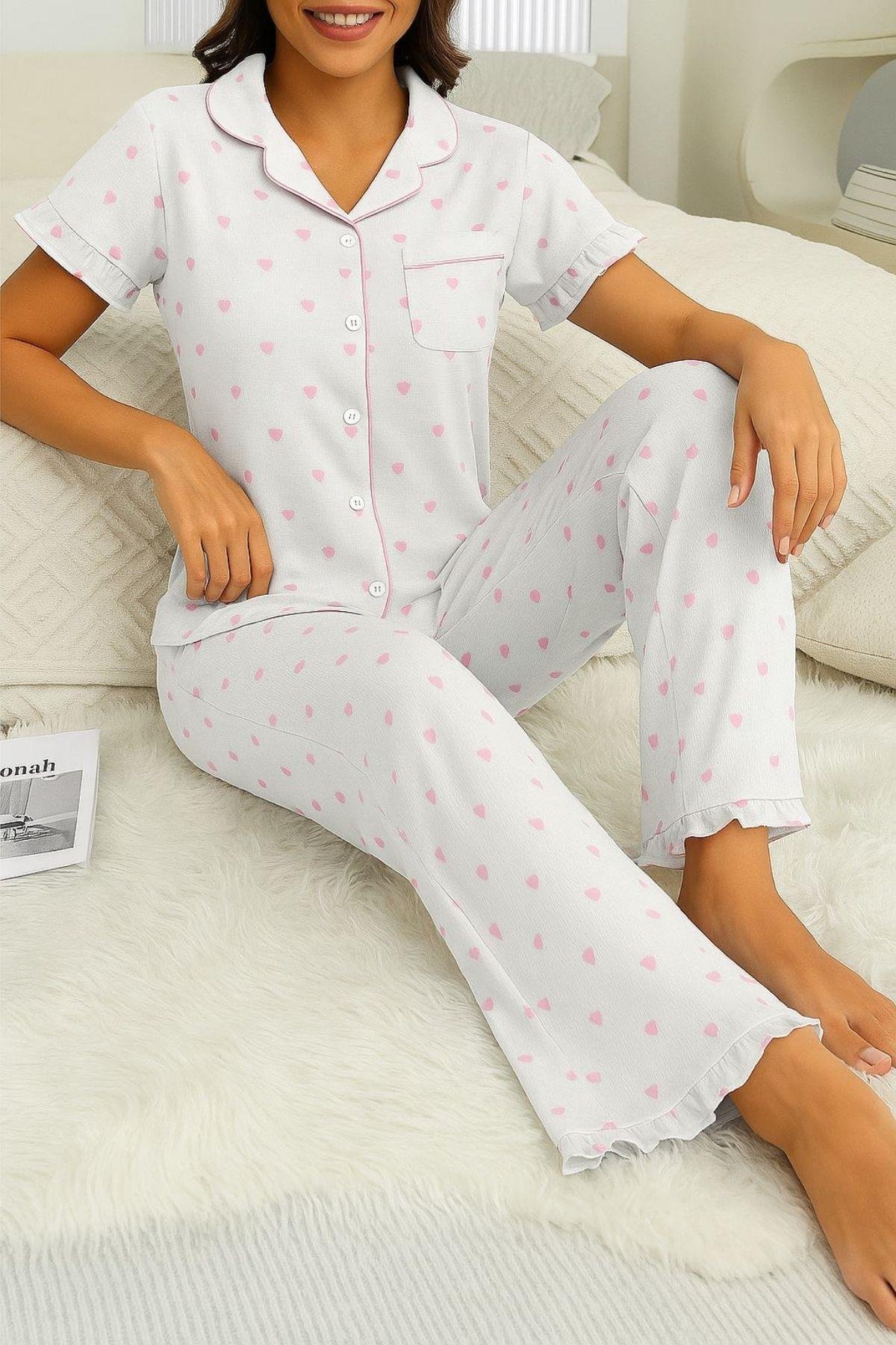Bella Notte Beyaz Mini Kalp Baskılı Pinterest Pijama Takımı 7197