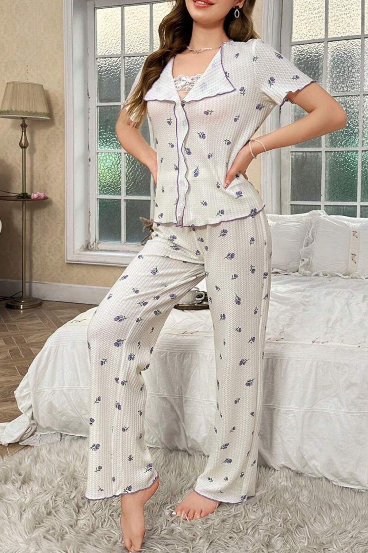 Bella Notte Beyaz Mor Lale Desenli Romantik Pijama Takımı 7335