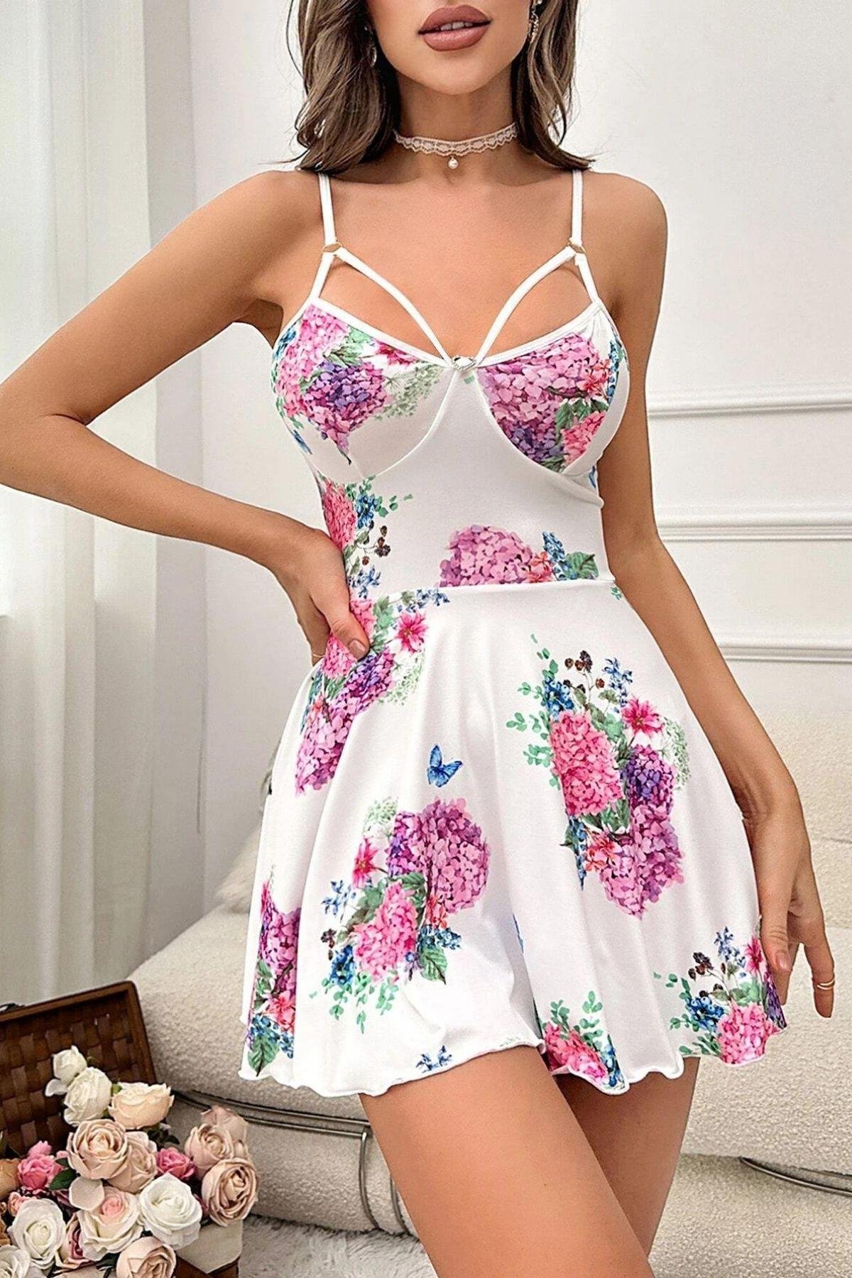 Bella Notte Beyaz Pırıltı Çiçekli Askılı Mini Gecelik 15626