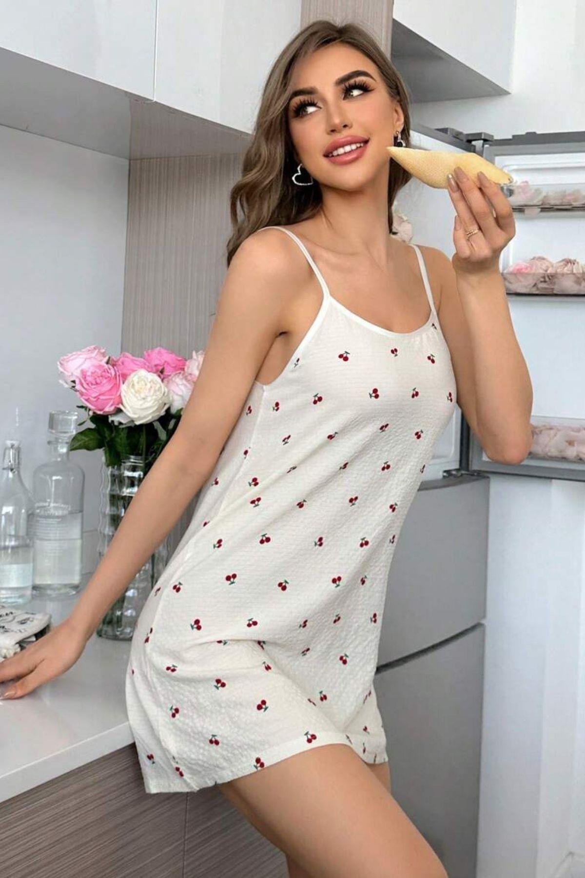 Bella Notte Beyaz Rüya Kirazları Mini Gecelik 15730