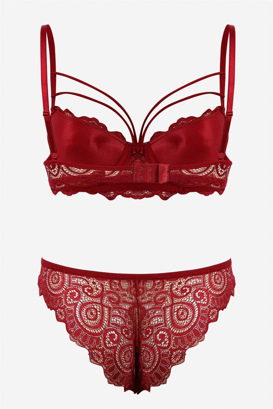 Bella Notte Bordo Dantelli Çift İp Detaylı Şık Sütyen Takım 19007