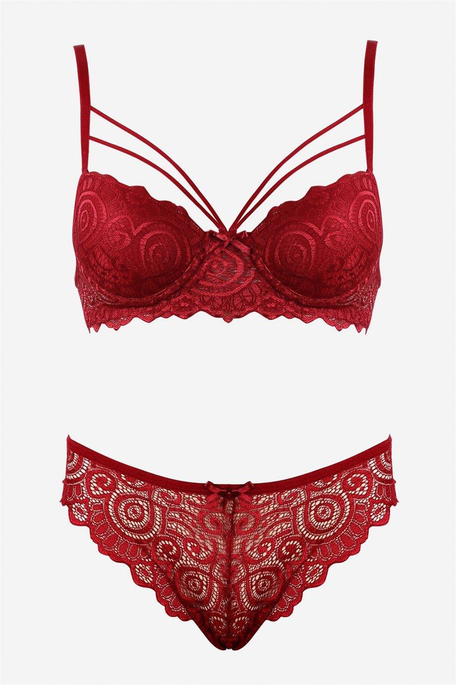 Bella Notte Bordo Dantelli Çift İp Detaylı Şık Sütyen Takım 19007