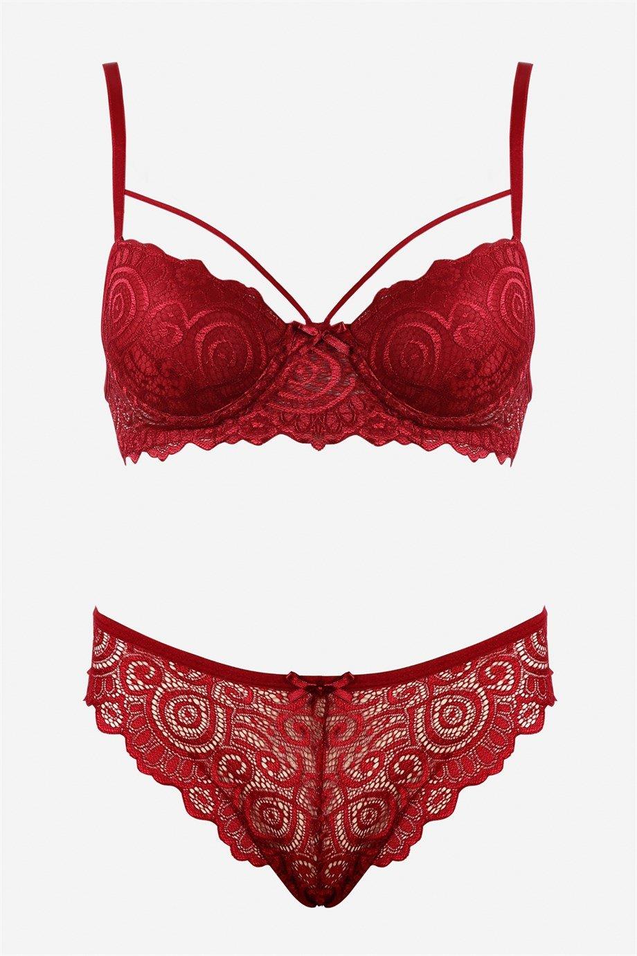 Bella Notte Bordo Dantelli Tek İp Detaylı Şık Sütyen Takım 19011