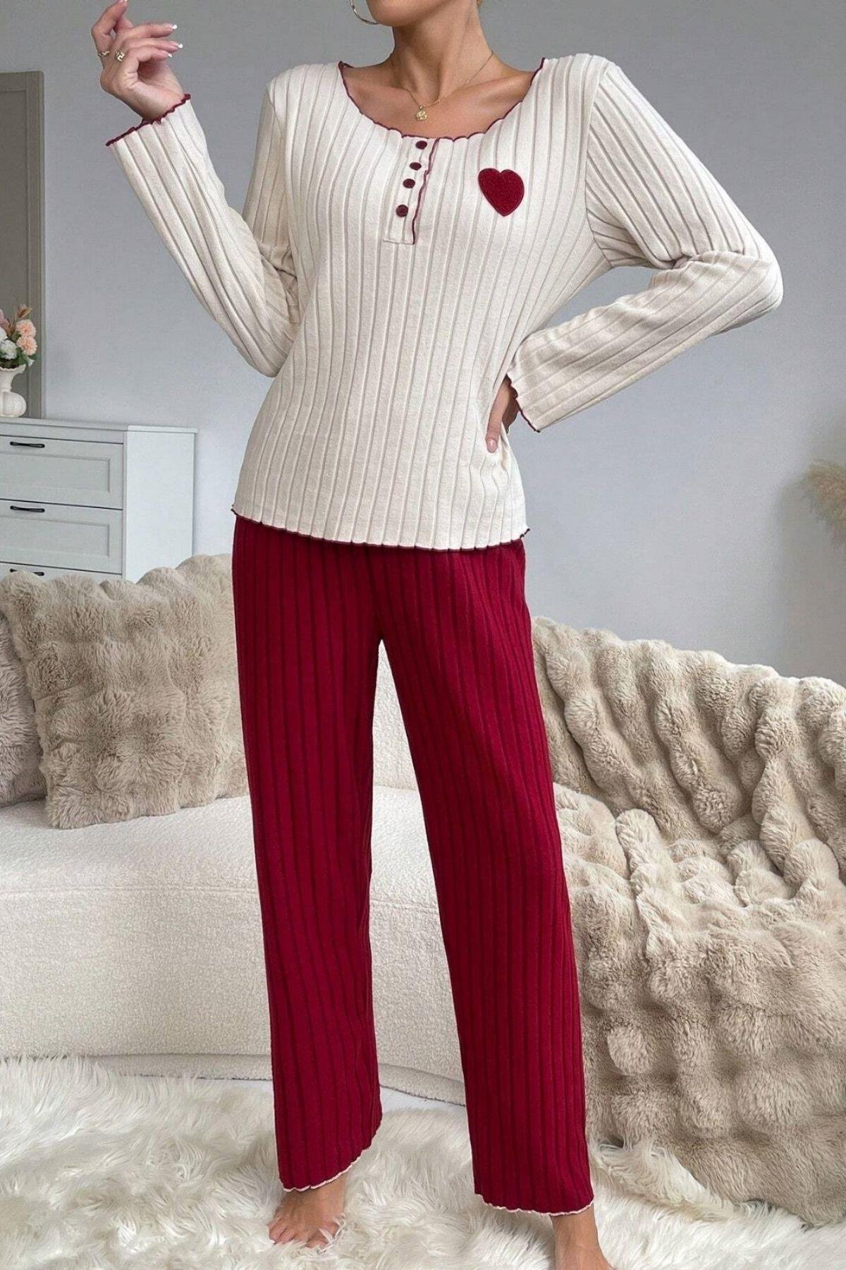 Bella Notte Bordo Pamuklu Kalp Detaylı Pijama Takımı 7107
