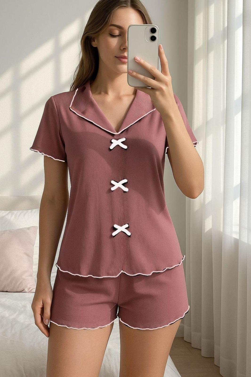 Bella Notte Bordo Pamuklu Şortlu Pijama Takımı 7741