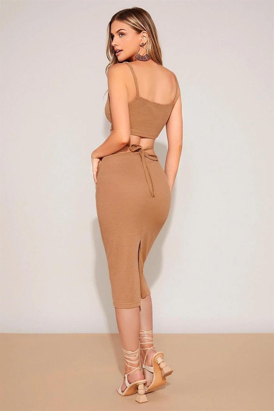 Bella Notte Cappuccino Belden İp Detaylı Etek Crop Takım BN6575C