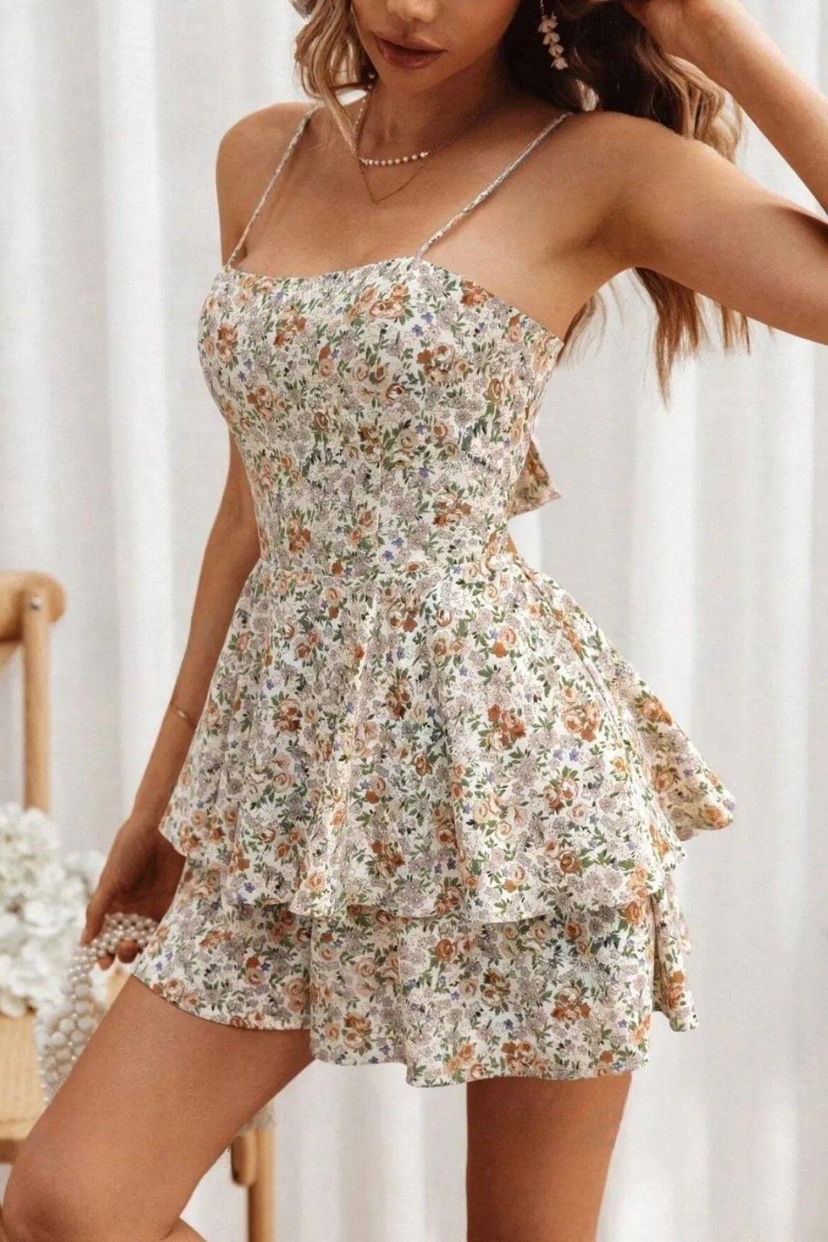 Bella Notte Çok Renkli Çiçek Desenli Fırfırlı Tek Parça Tulum T-6501