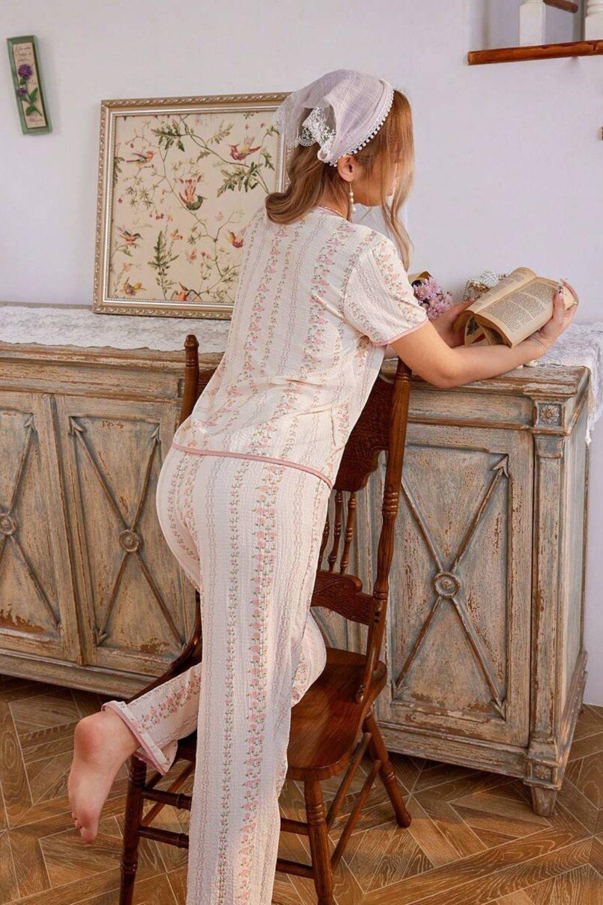 Bella Notte Çok Renkli Fransız Esintili Zarif Pijama Takımı 7325