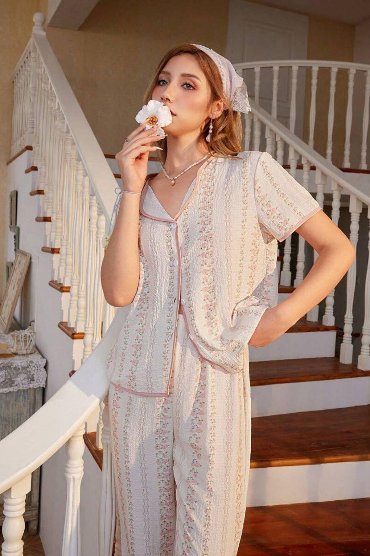 Bella Notte Çok Renkli Fransız Esintili Zarif Pijama Takımı 7325