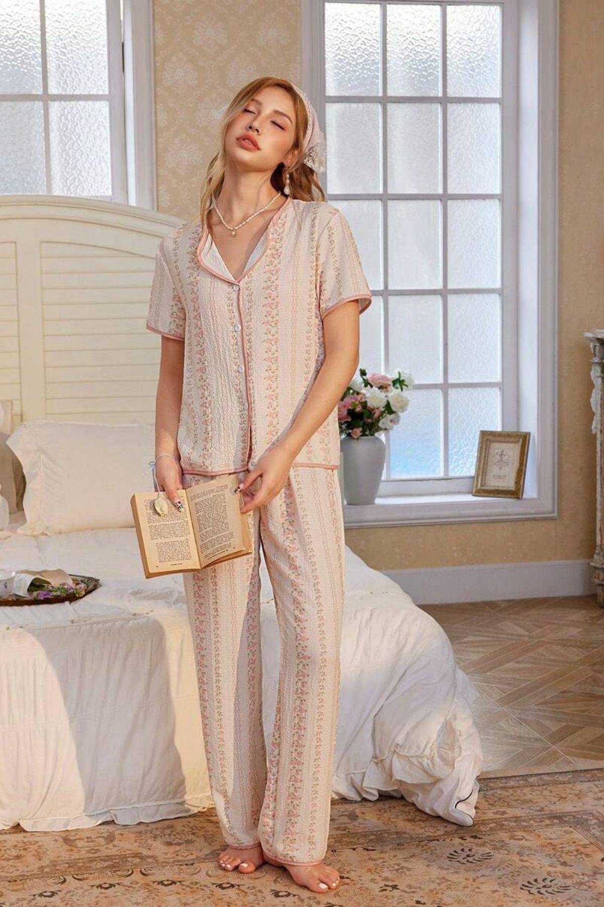Bella Notte Çok Renkli Fransız Esintili Zarif Pijama Takımı 7325
