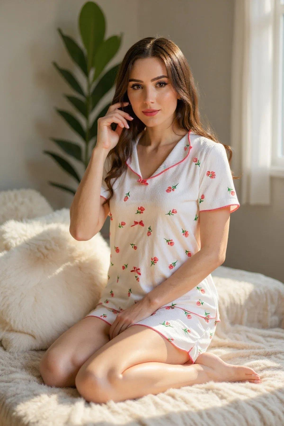 Bella Notte Ekru Çiçek Baskılı Kısa Kollu Şort Takım 7735