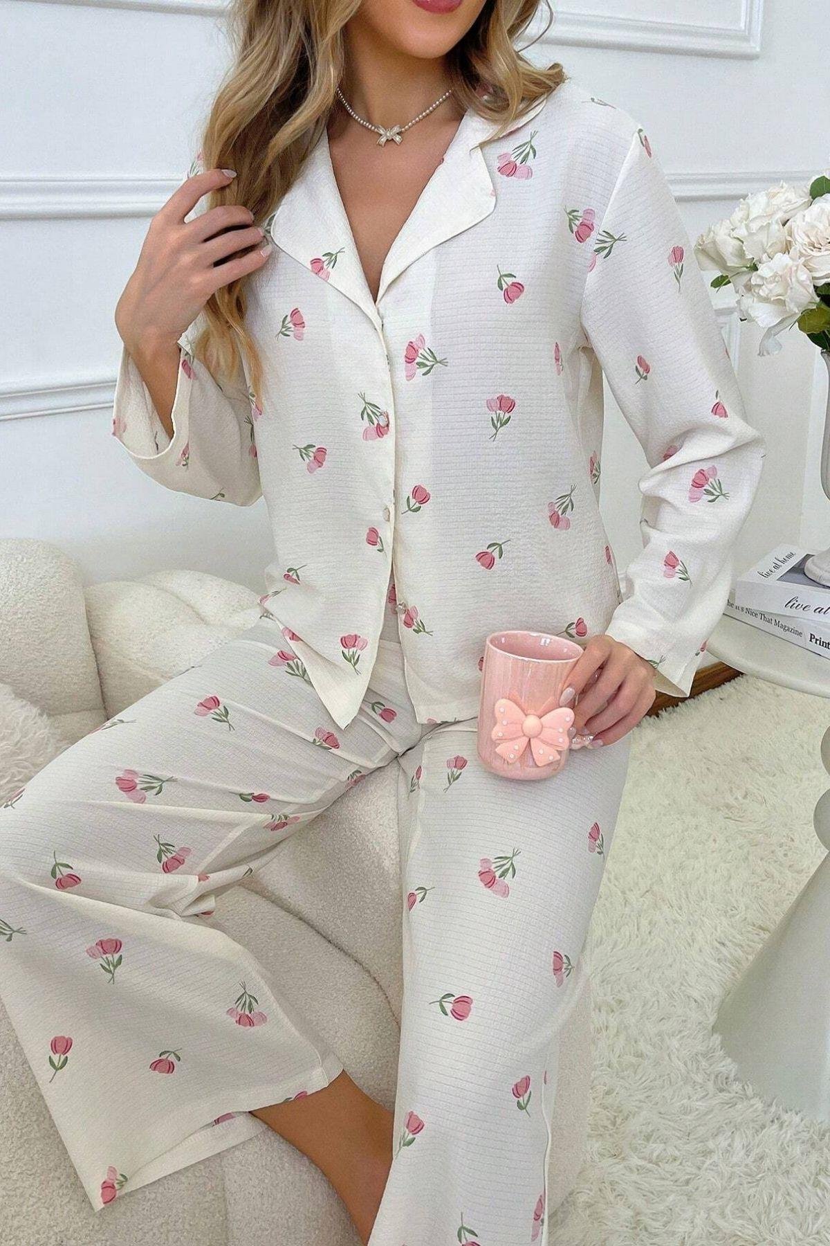 Bella Notte Ekru Desenli Düğmeli Uzun Pijama Takım 7085