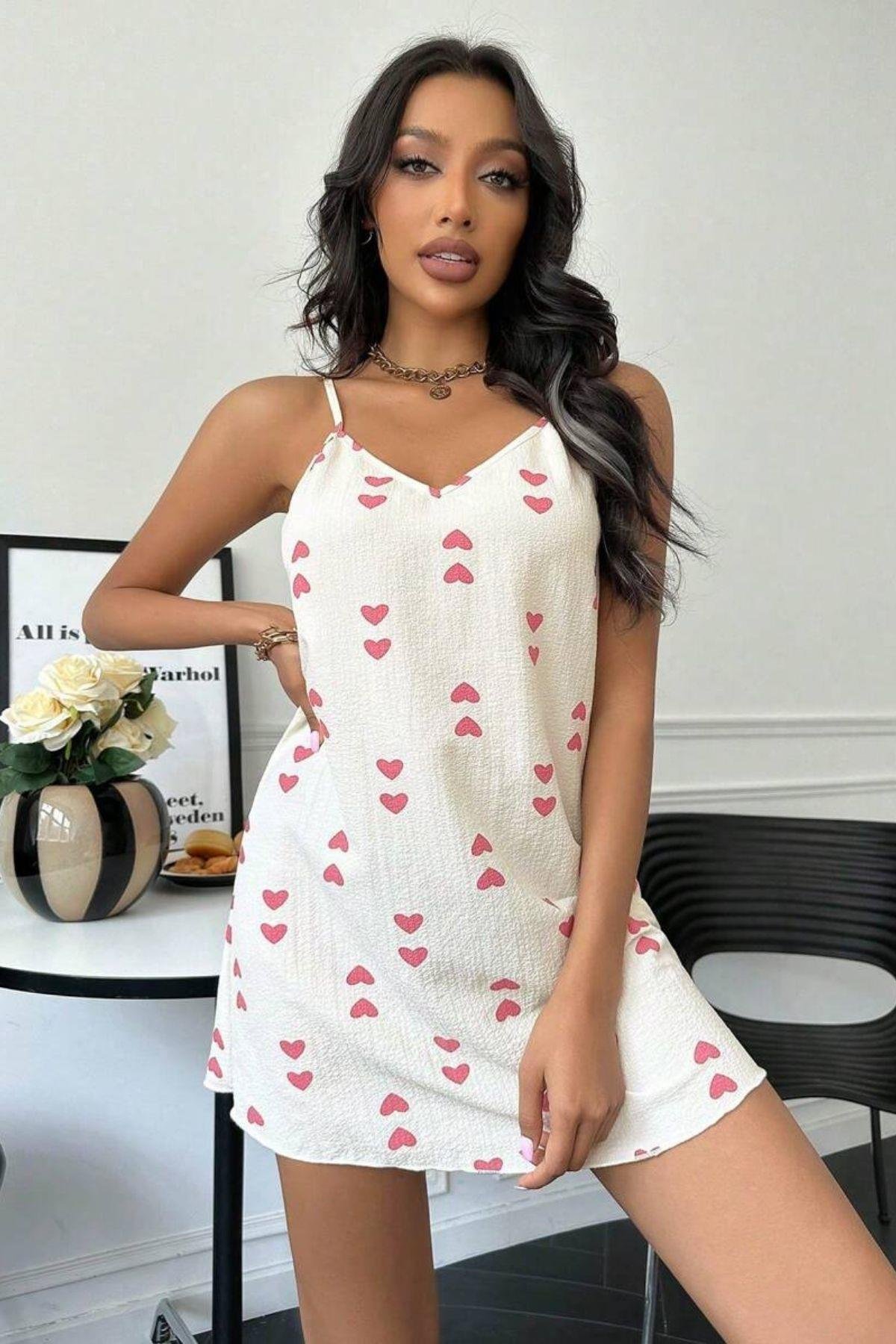 Bella Notte Ekru Kalp Desenli Sevgi Dolu Gecelik 15716
