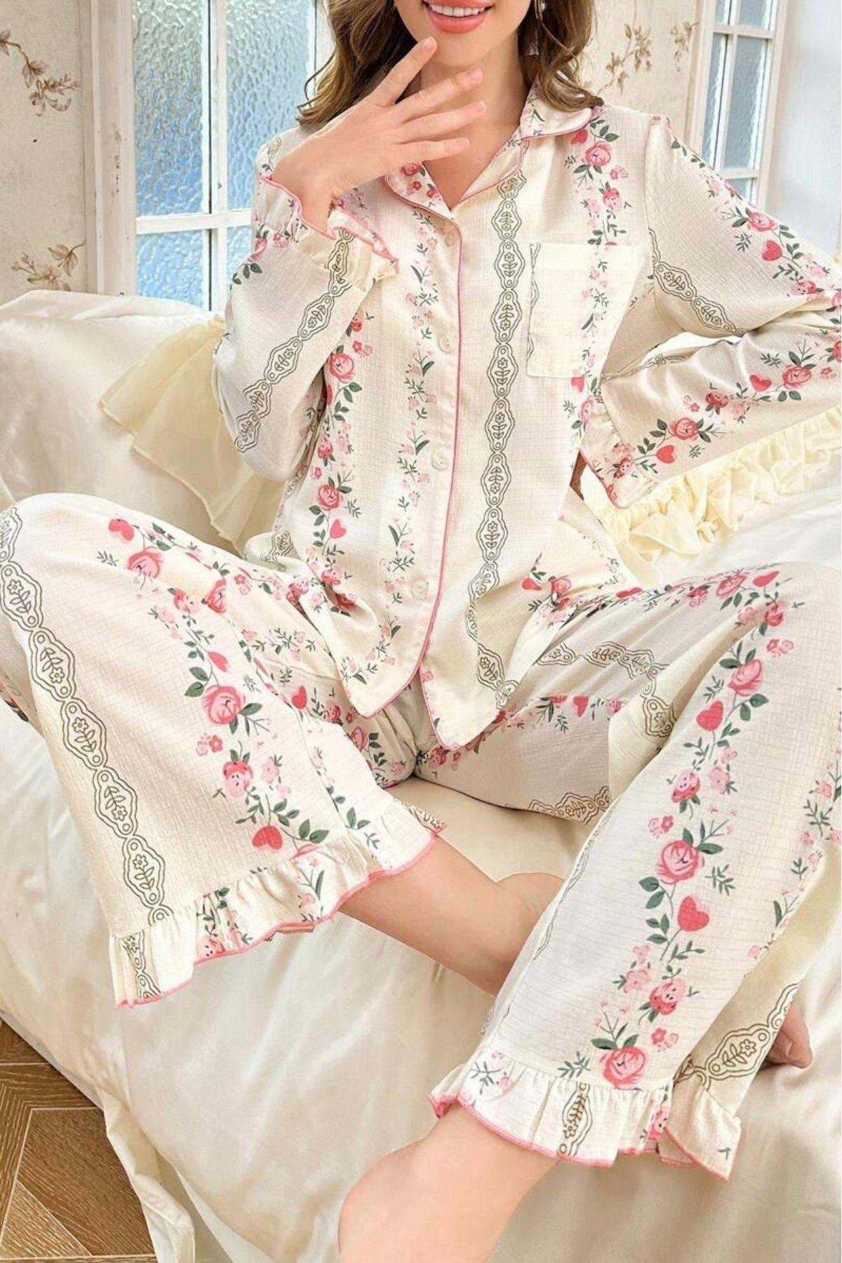 Bella Notte Ekru Pembe Minimal Çiçek Desenli Vintage Pijama Takımı 77300