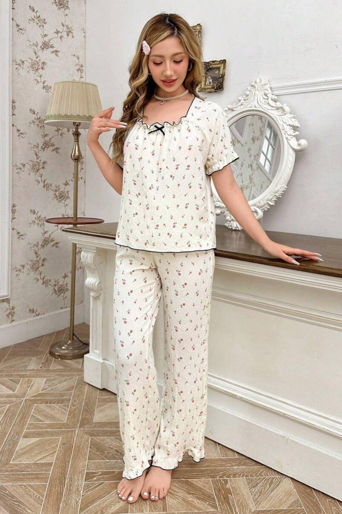 Bella Notte Ekru Retro Model Kare Yaka Pijama Takımı 7309