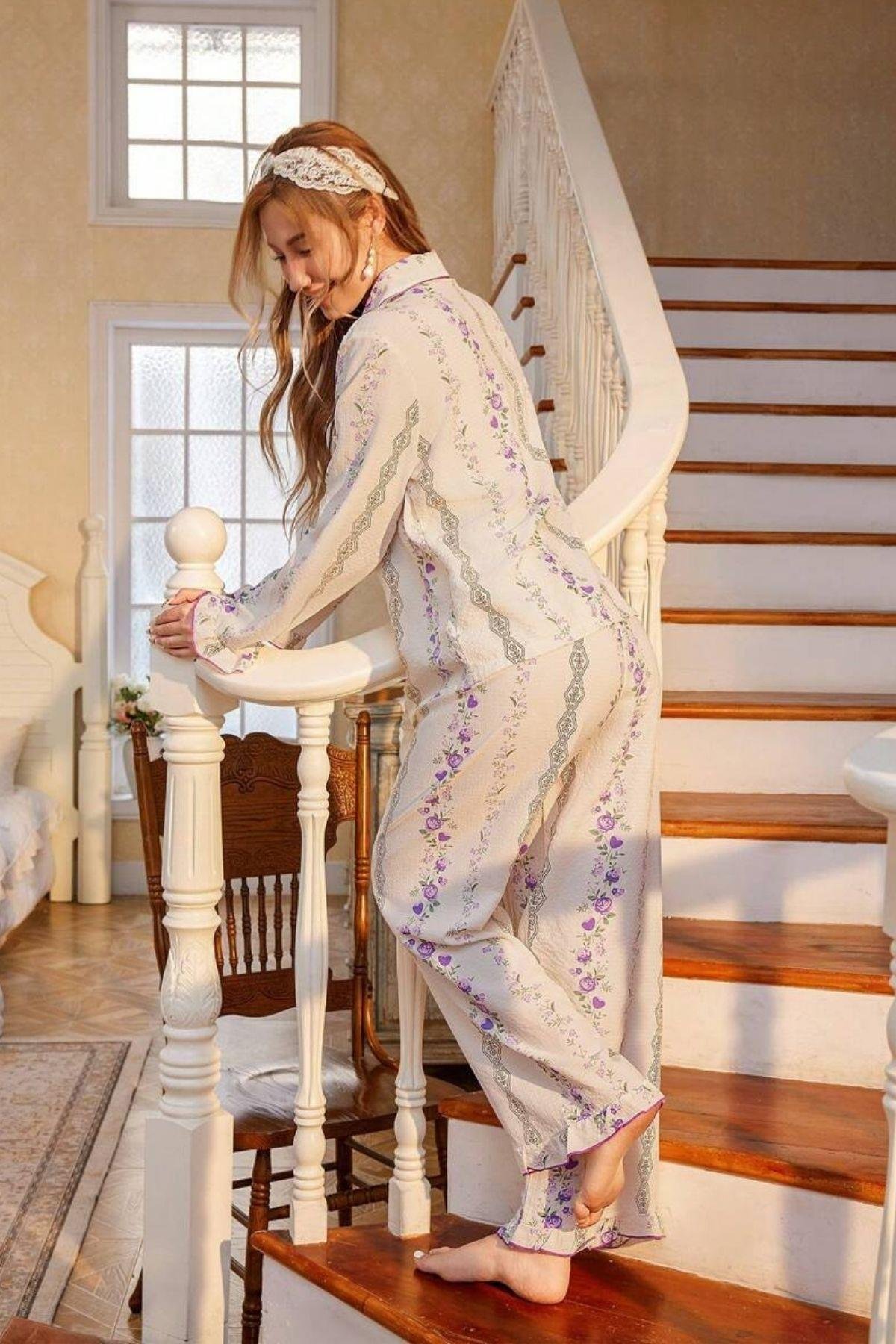 Bella Notte Ekru Romantik Mor Çiçek Desenli Pijama Takımı 77003