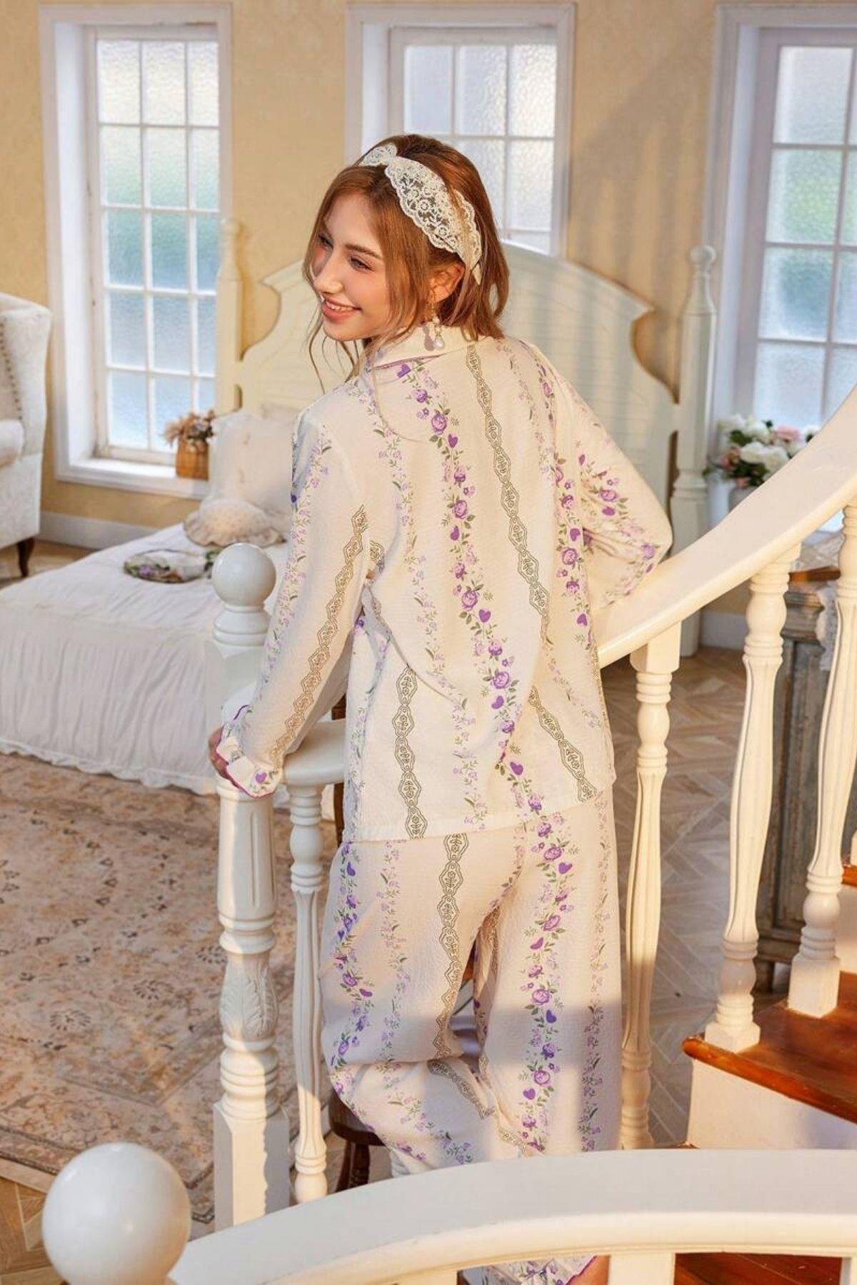 Bella Notte Ekru Romantik Mor Çiçek Desenli Pijama Takımı 77003
