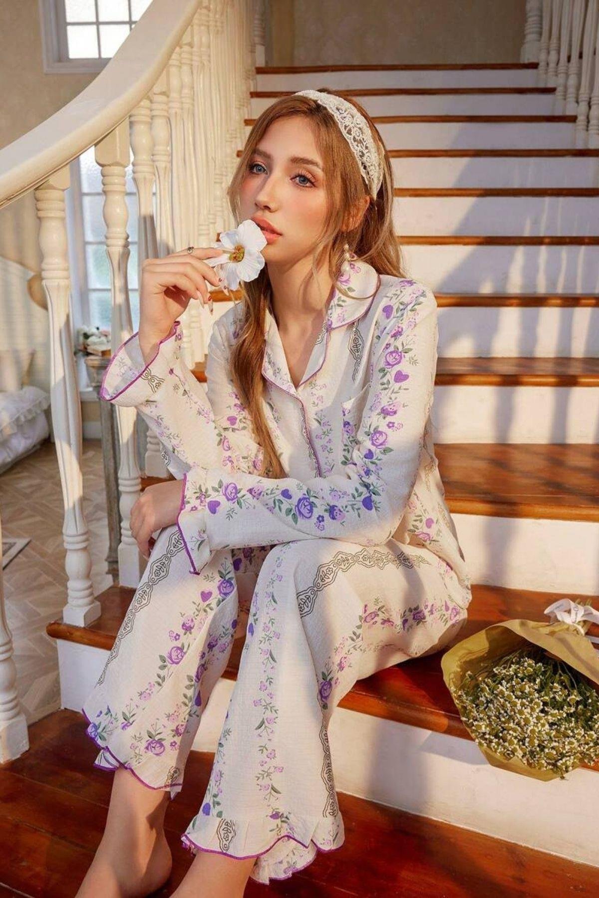 Bella Notte Ekru Romantik Mor Çiçek Desenli Pijama Takımı 77003