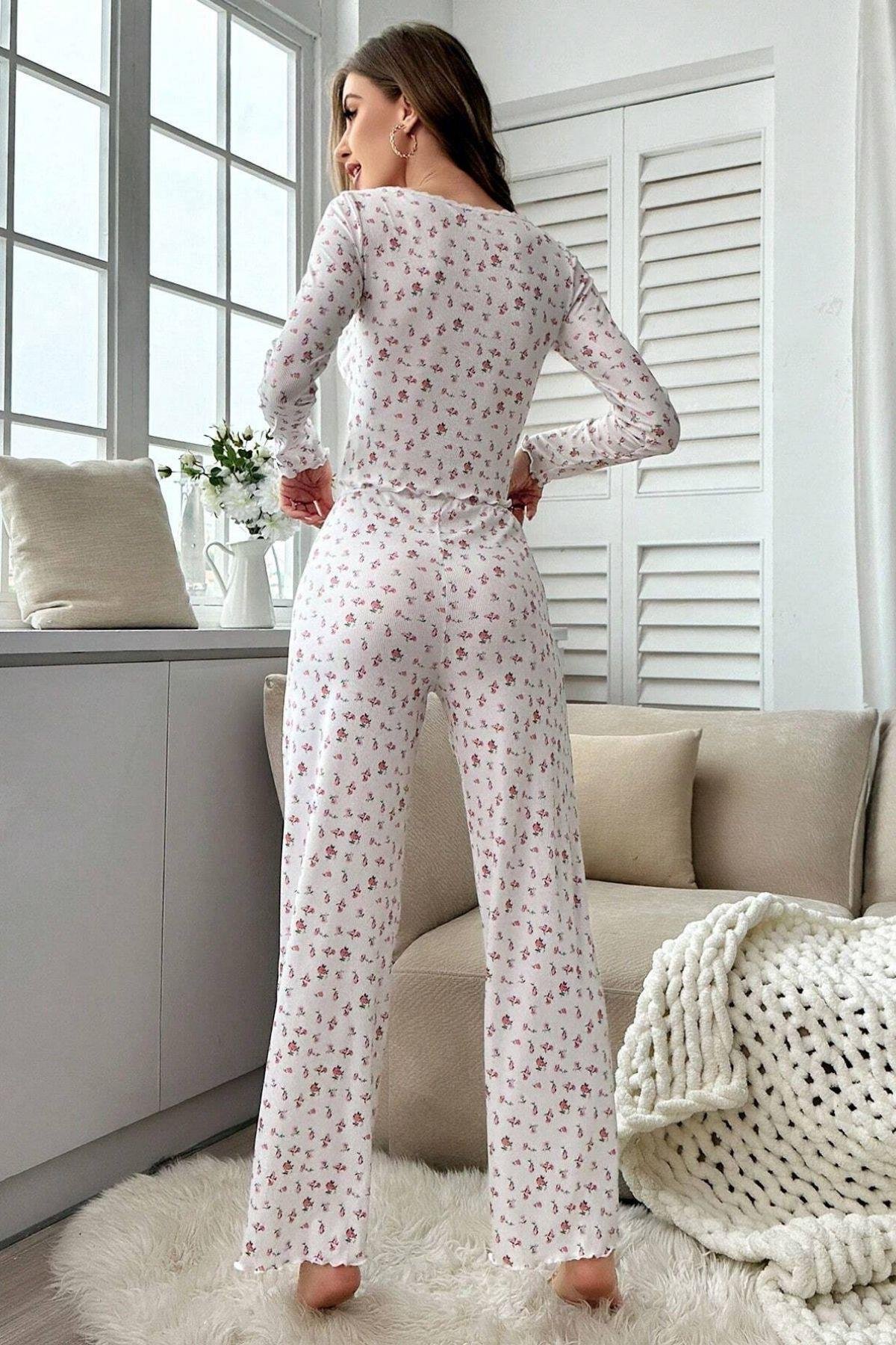 Bella Notte Ekru Sonbahar Romantizmi Uzun Kollu Pijama Takımı 7020