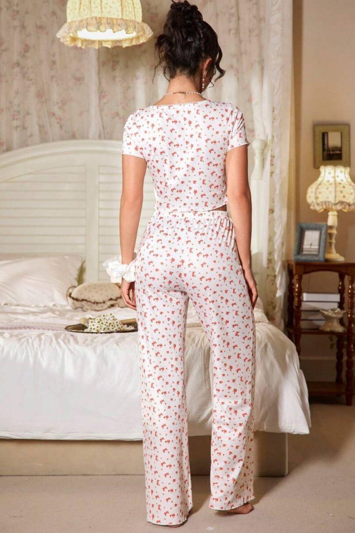 Bella Notte Ekru V Yaka Kısa Kollu Crop Pijama Takımı 7379