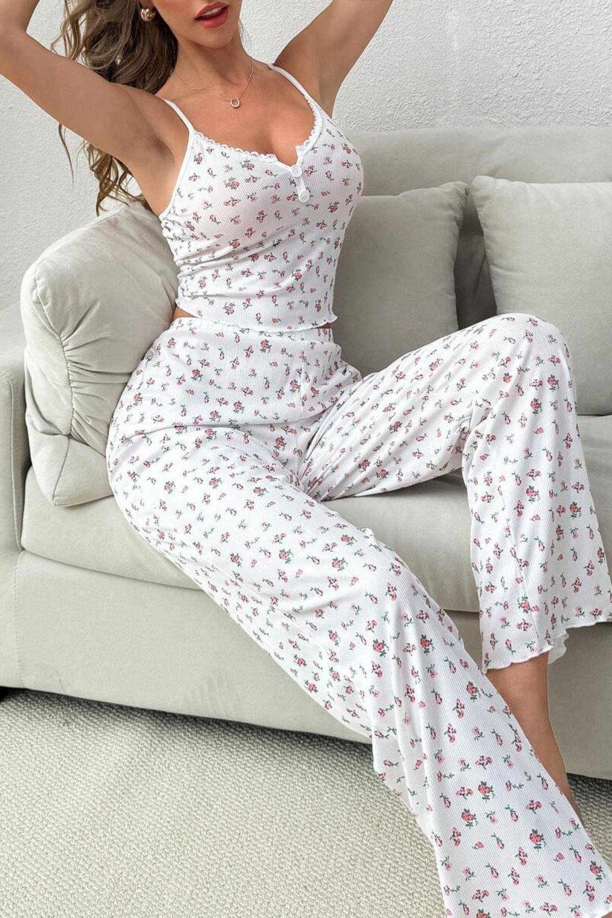 Bella Notte Ekru Yaz Romantizmi Askılı Pijama Takımı 7359