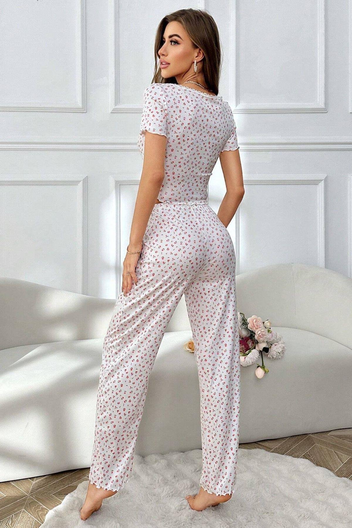 Bella Notte Ekru Yaz Romantizmi Kısa Kollu Pijama Takımı 7125