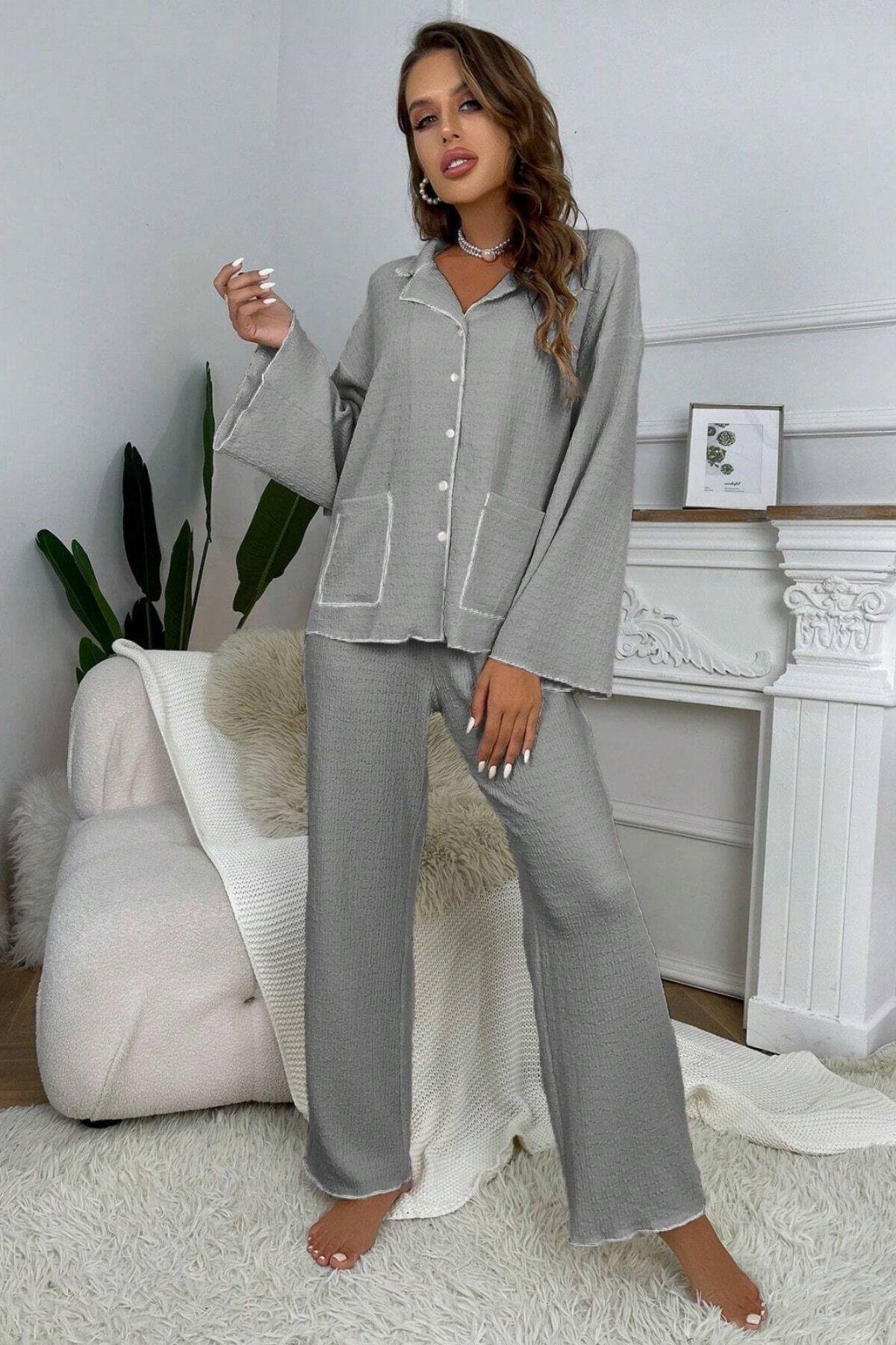 Bella Notte Gri Geniş Uzun Kollu Sonbahar Pijama Takım 7053