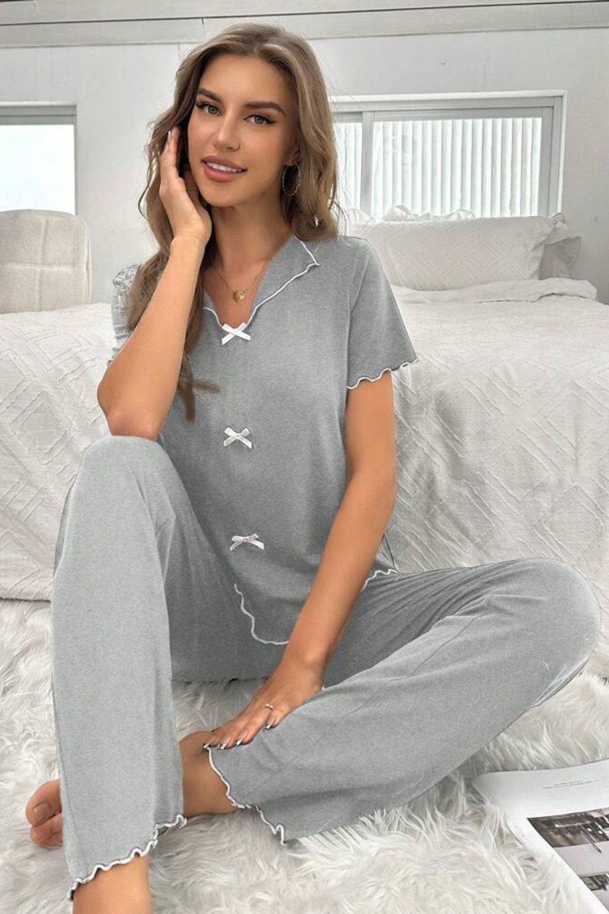 Bella Notte Gri Kısa Kollu Fiyonk Detaylı Pamuklu Pijama Takımı 7193