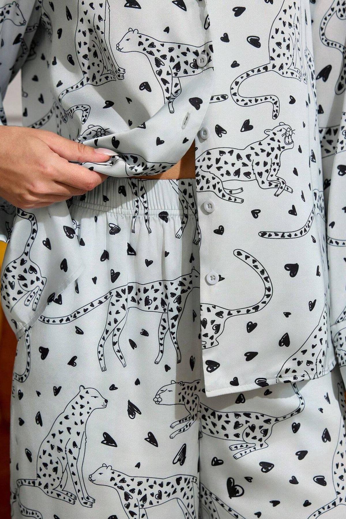 Bella Notte Gri Leopar Figürlü Saten Pijama Takımı 7101