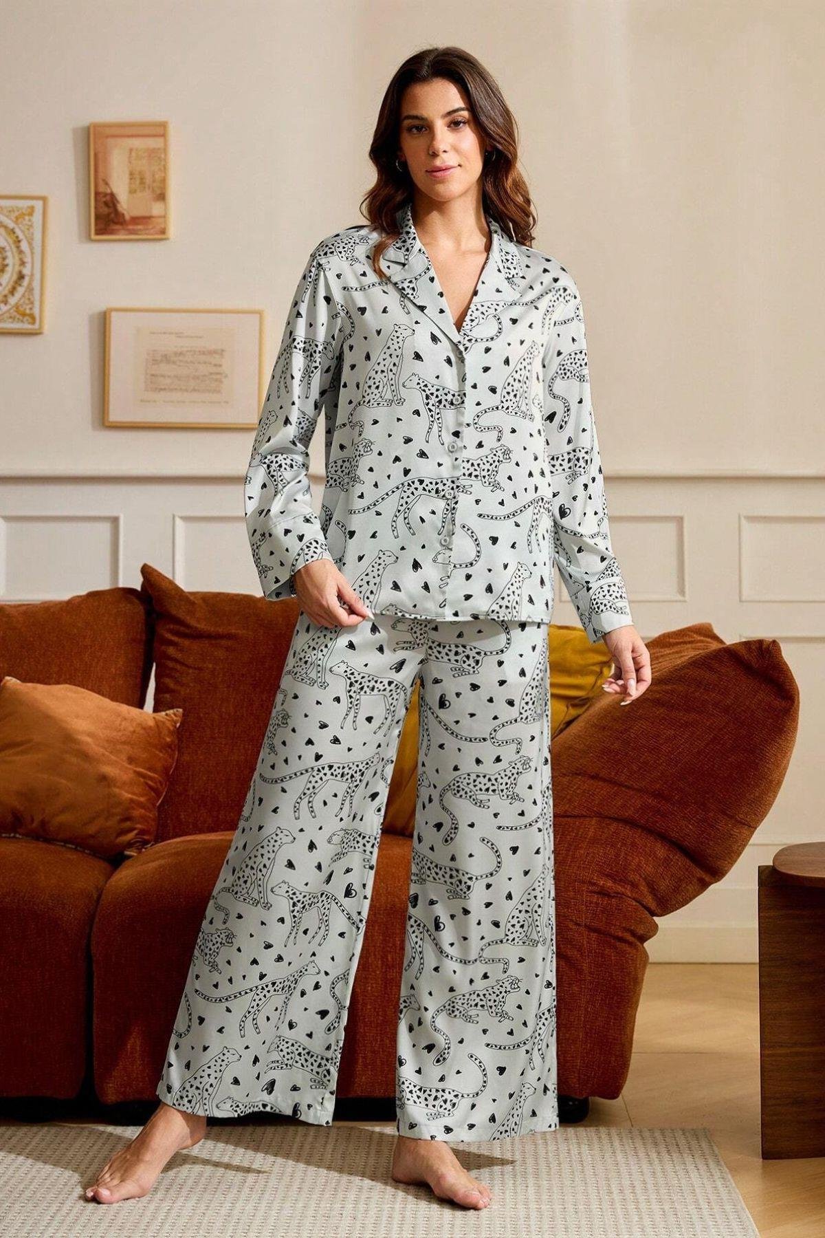 Bella Notte Gri Leopar Figürlü Saten Pijama Takımı 7101