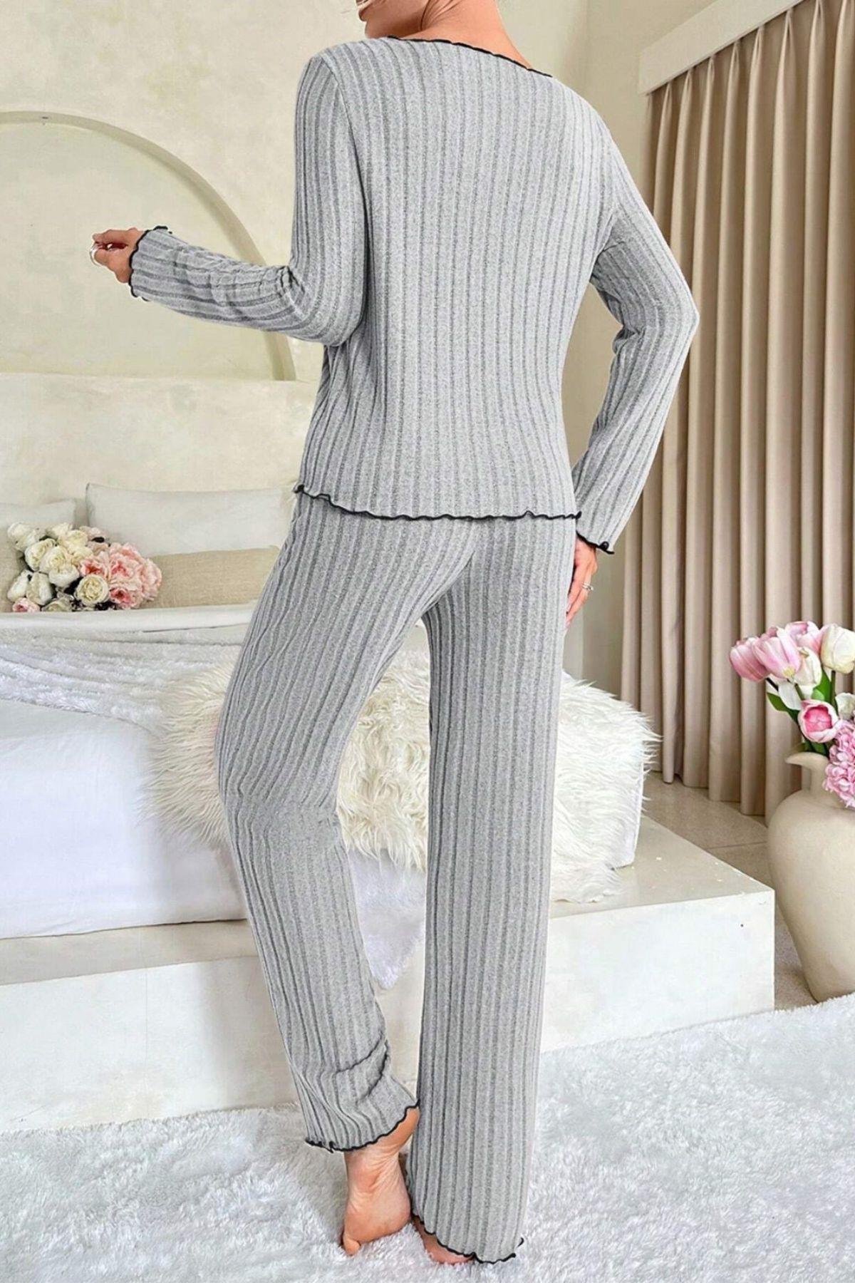 Bella Notte Gri Uzun Kollu Pamuklu Pijama Takımı 7093
