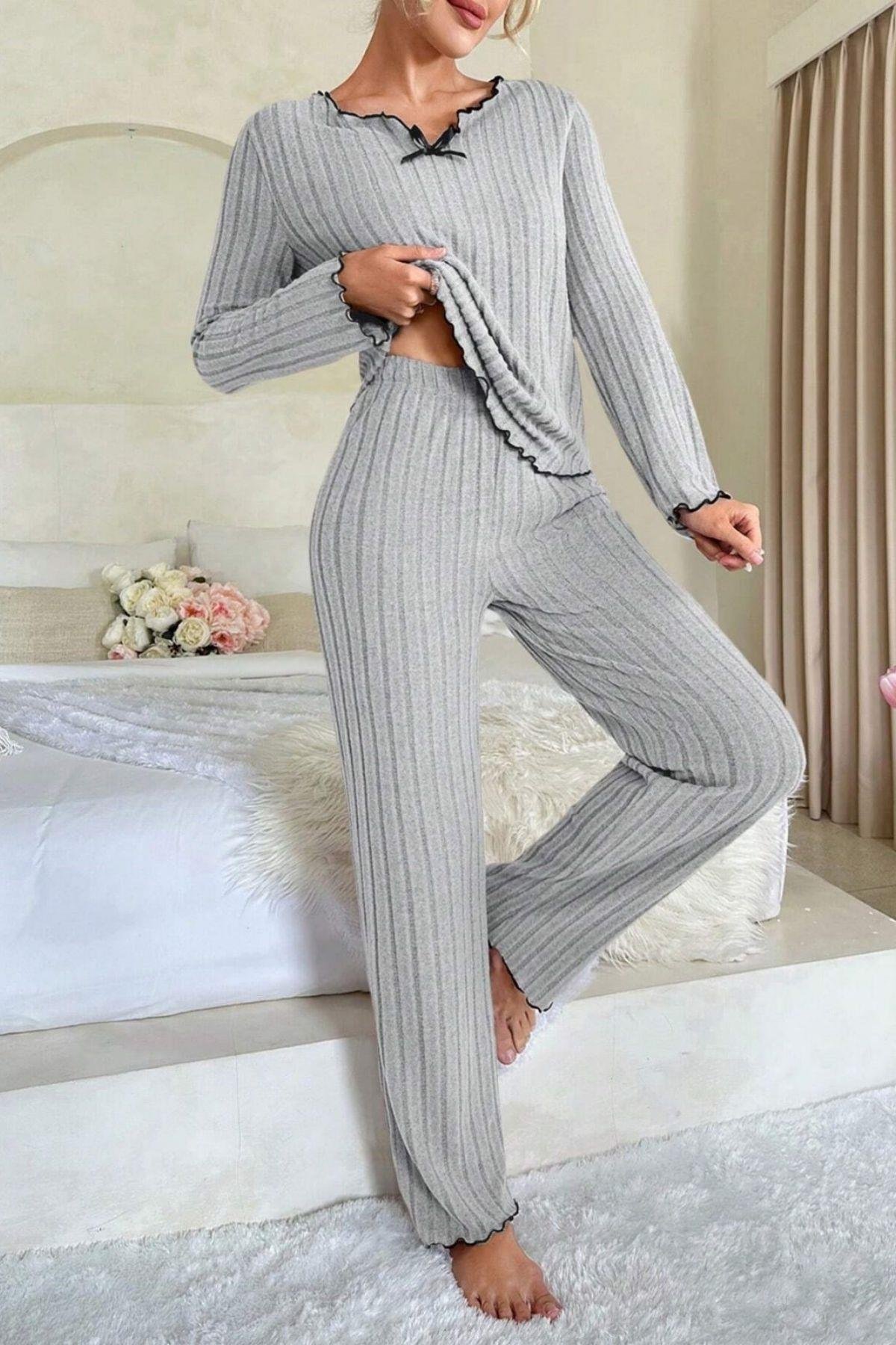 Bella Notte Gri Uzun Kollu Pamuklu Pijama Takımı 7093