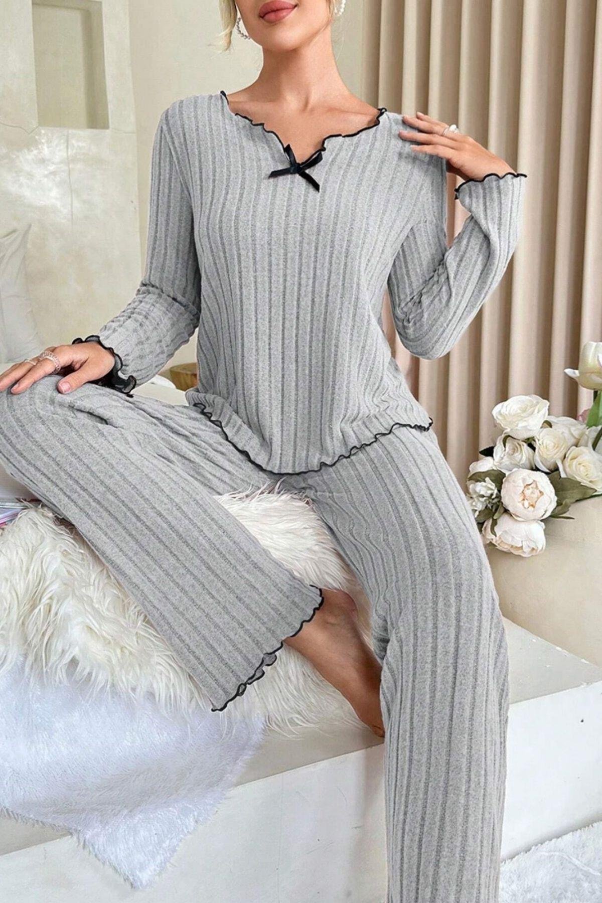 Bella Notte Gri Uzun Kollu Pamuklu Pijama Takımı 7093