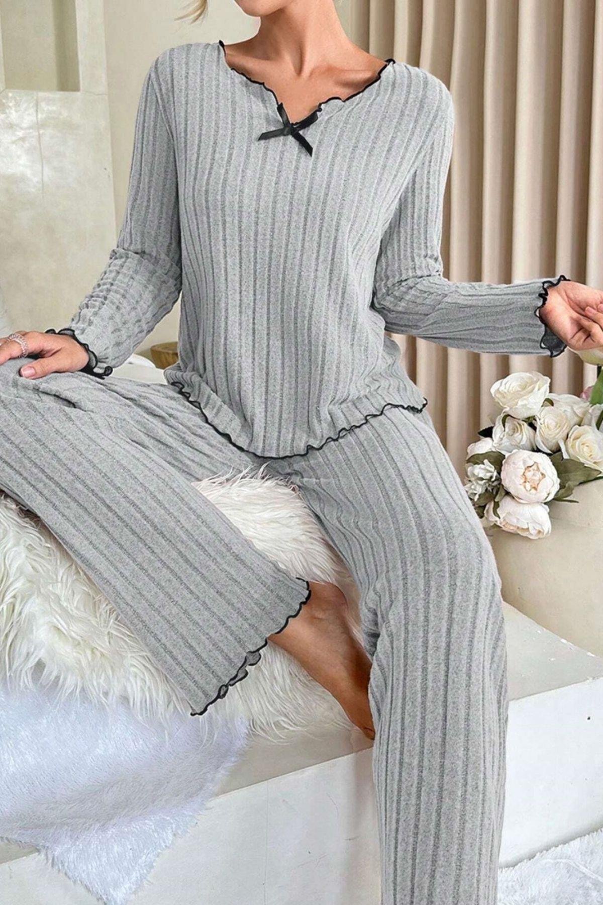 Bella Notte Gri Uzun Kollu Pamuklu Pijama Takımı 7093