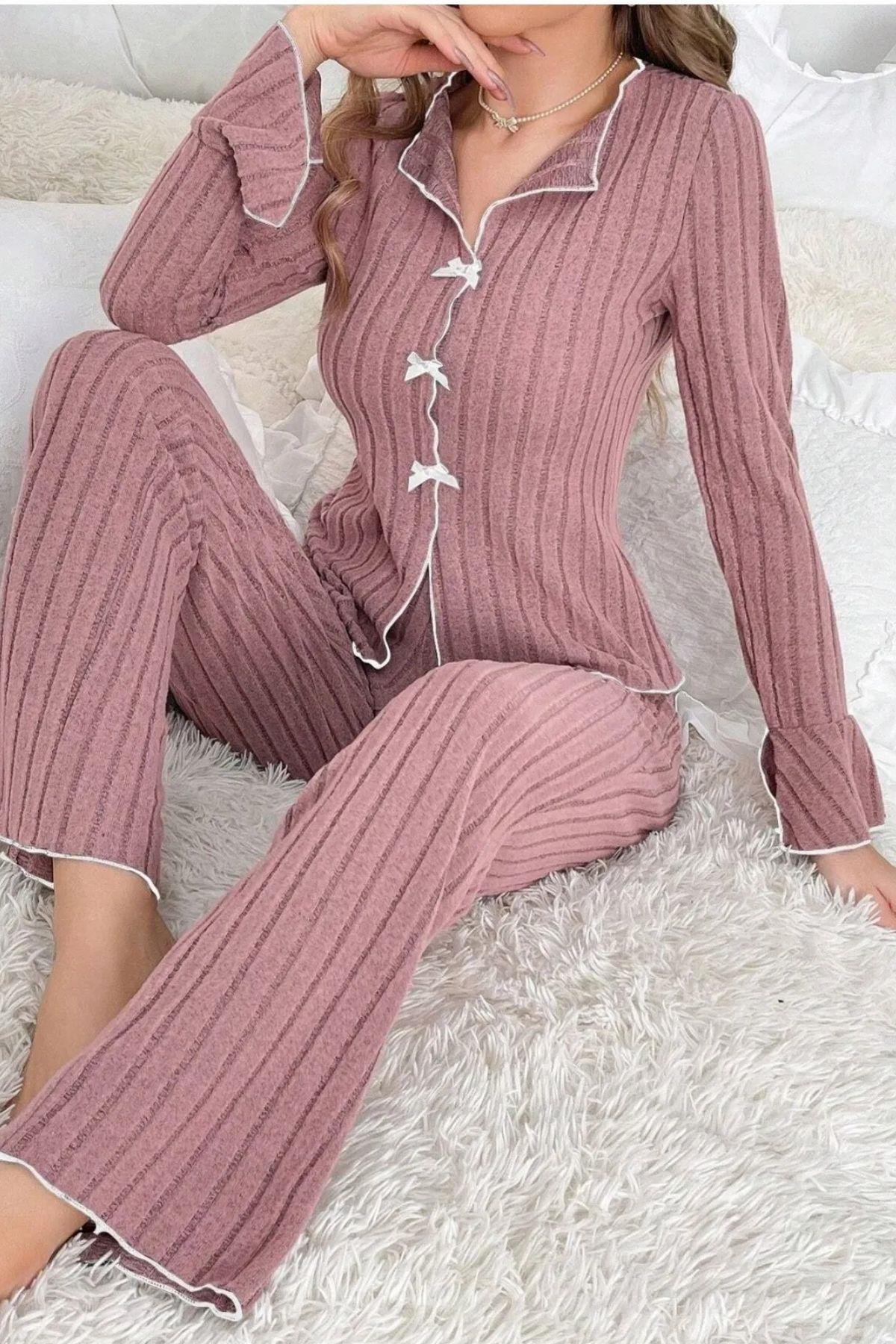 Bella Notte Gül Kurusu Kurdale Detaylı Uzun Kollu Pijama Takımı 7159
