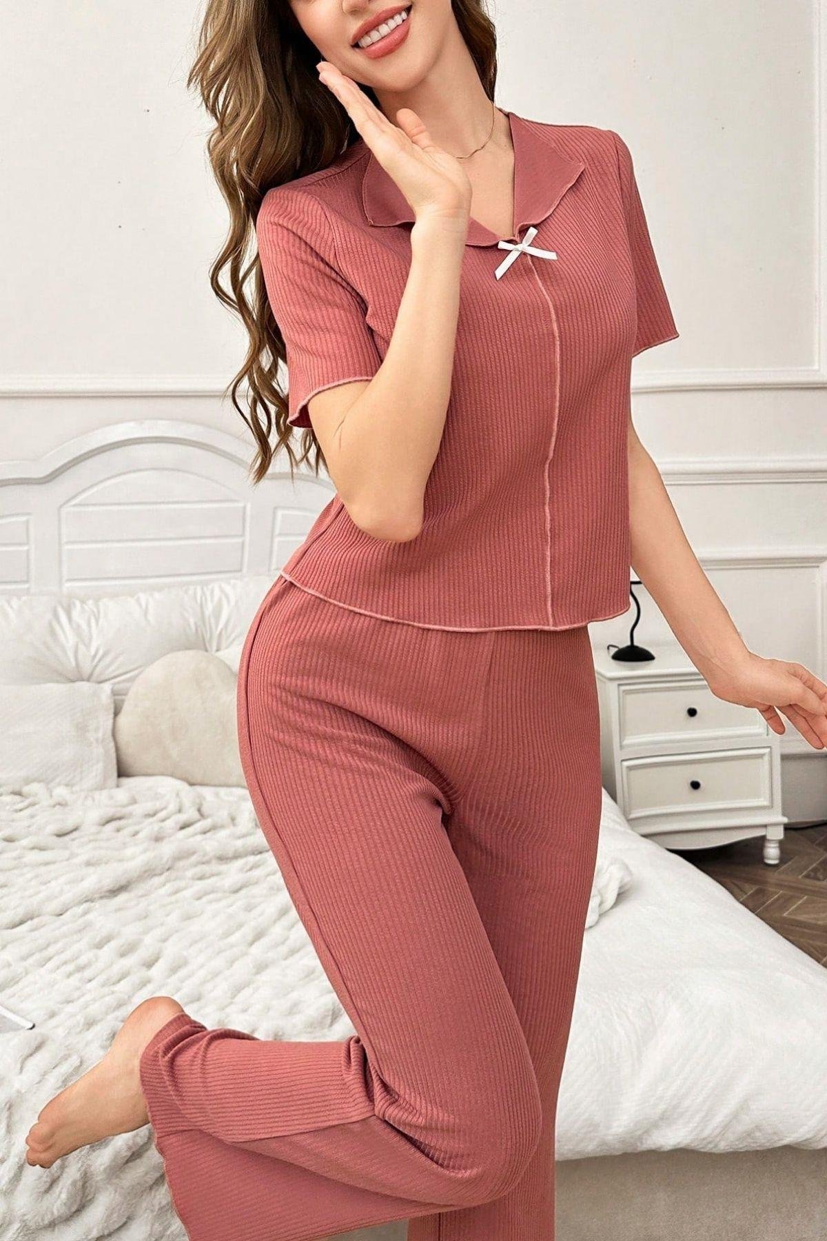 Bella Notte Gül Kurusu Pamuklu Kısa Kollu Pijama Takımı 7155