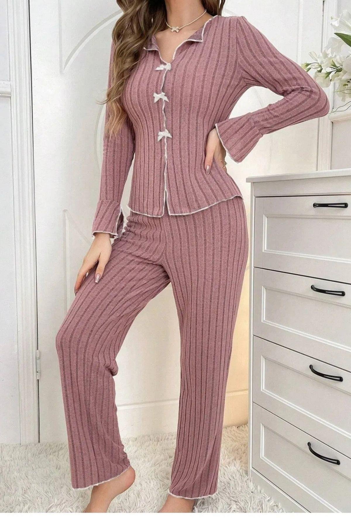 Bella Notte Gül Kurusu Uzun Kollu Fırfırlı Kurdale Detaylı Pijama Takımı 7153
