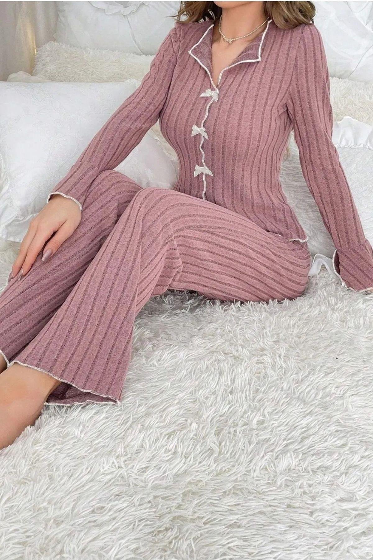 Bella Notte Gül Kurusu Uzun Kollu Fırfırlı Kurdale Detaylı Pijama Takımı 7153