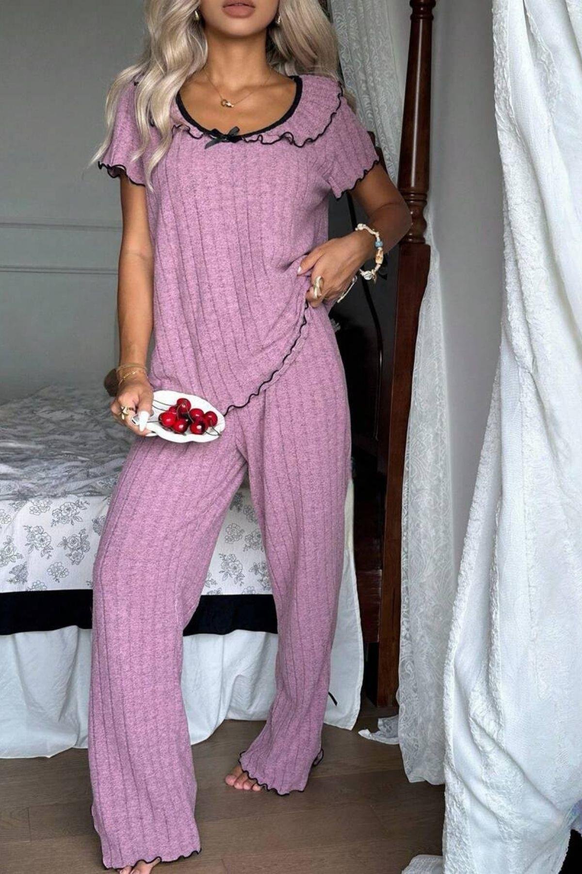 Bella Notte Gül Kurusu Volanlı Kenar Rahat Pijama Takımı 7383