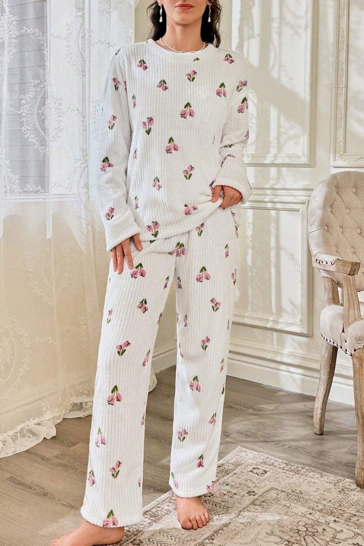 Bella Notte Kırık Beyaz Çiçek Desenli Pamuklu Pijama Takımı 7081